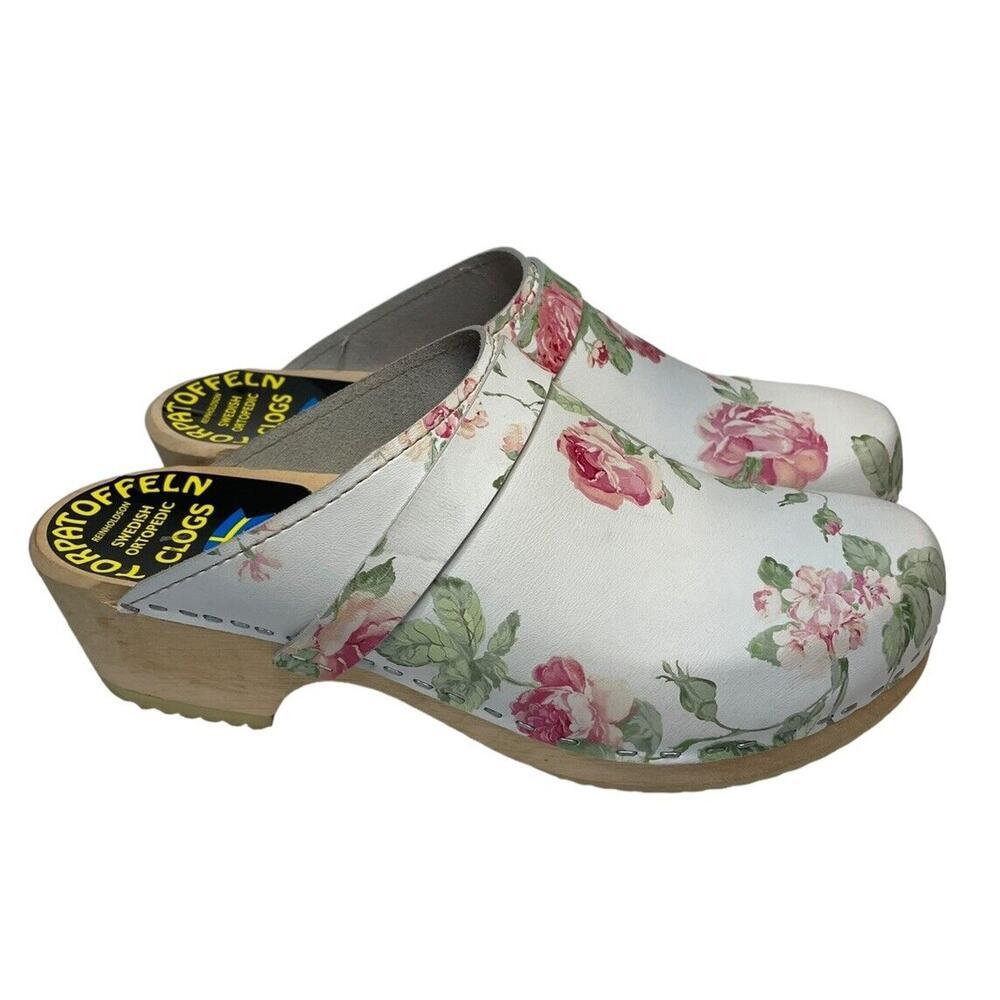 Swedish Torpatoffeln Floral Cottage Core Wooden Clogs Womens EU 42 US 10.5
